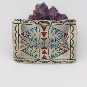 Vintage WCB Wilson Carol Begay Silver Belt Buckle Turquoise Inlay